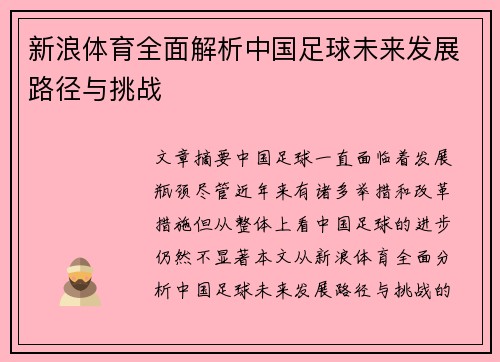 新浪体育全面解析中国足球未来发展路径与挑战