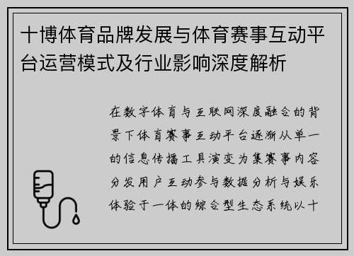 十博体育品牌发展与体育赛事互动平台运营模式及行业影响深度解析