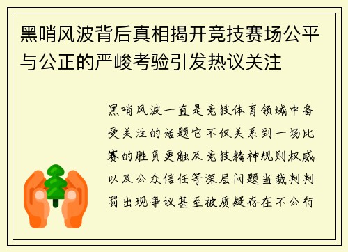 黑哨风波背后真相揭开竞技赛场公平与公正的严峻考验引发热议关注